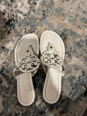 Tory Burch White Patent Leather Logo Thong Sandals